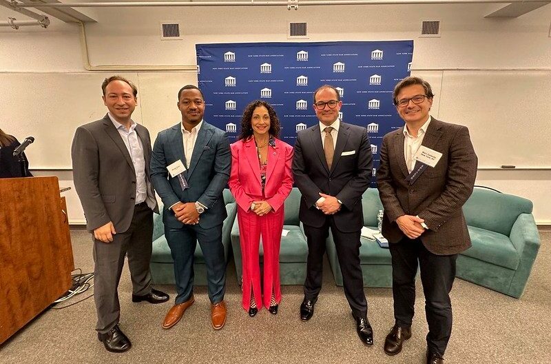 2023 NYSBA Metaverse Symposium at NYU, April 28 and 29 L-R: Daniel Stabile, Michael Clare, Sherry Levin Wallach, Arturo Banegas Masia and Marc Gollardo.