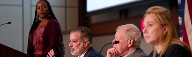 (L-R): Vivian D. Wesson, Ignatius Grande, Ronald Hedges and Marissa Moran, members of the NYSBA Task Force on Artificial Intelligence, speak at the Annual Meeting, January17, 2024 at the Hilton Midtown in New York City.